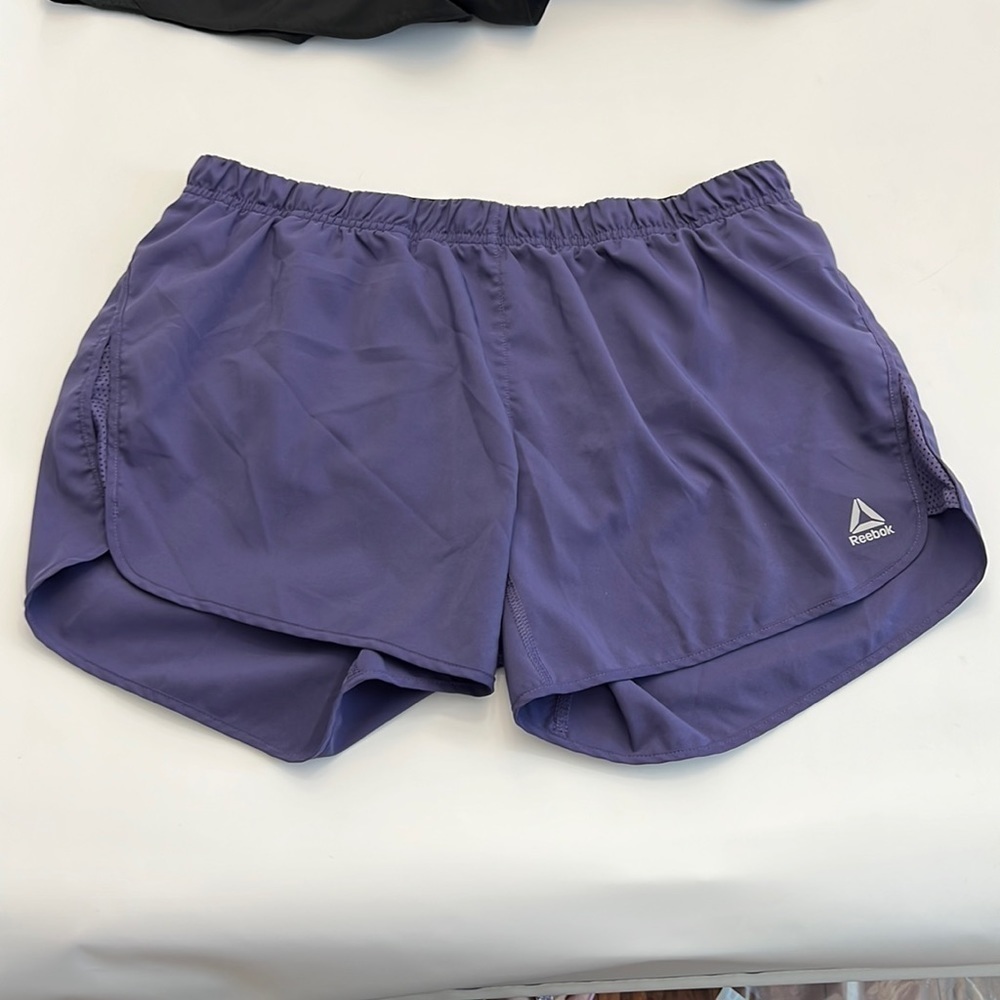 2 pair Reebok speedwick running shorts 1 black 1 purple w/ built in panty size L - Picture 7 of 16